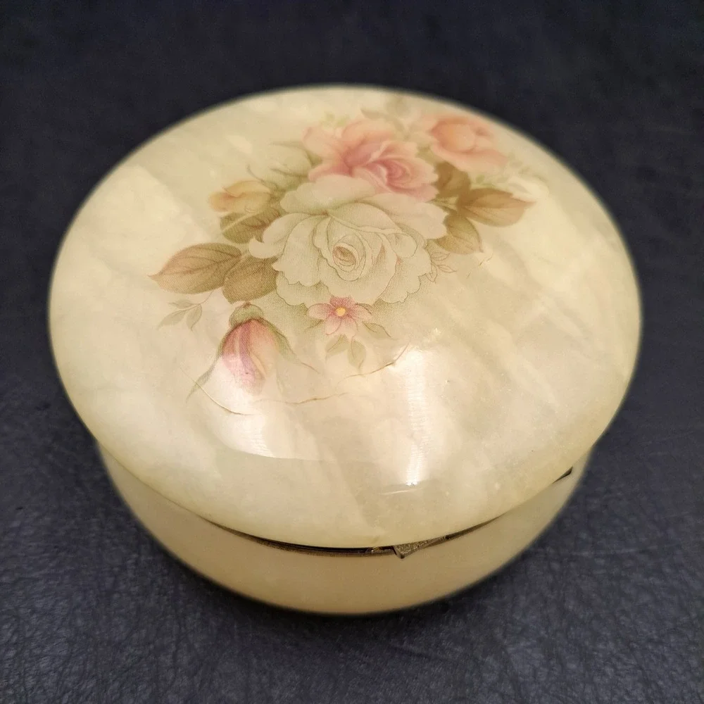 Vintage Alabaster Trinket Box Round Hinged Floral Rose Decal Cream Stone Italy